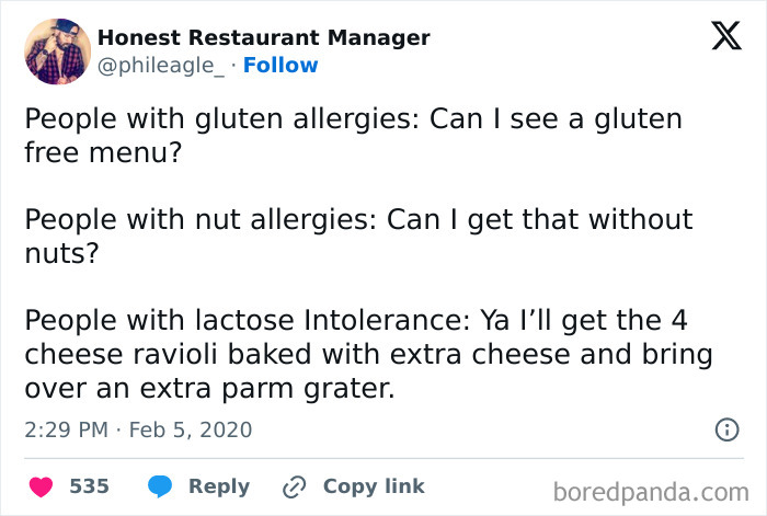 Tweet humor about gluten, nut allergies, and lactose intolerance, featured in funny and relatable medical memes.
