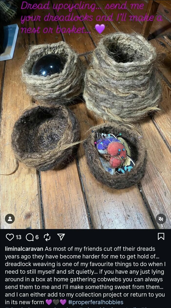 Handmade woven baskets using dreadlocks displayed on wooden floor in a craft shaming DIY project.