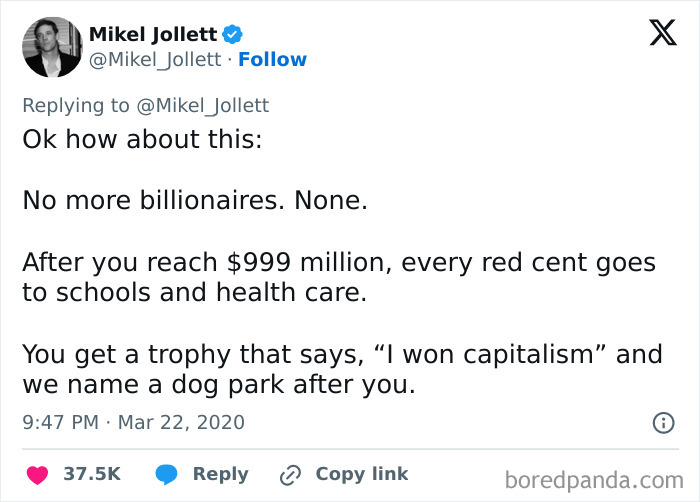 Tweet mocking statist views on capitalism and wealth redistribution, shared by Mikel Jollett on social media.