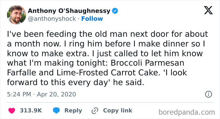 Man shares story about feeding his elderly neighbor regularly, highlighting wholesome kind neighbors and caring community bonds.