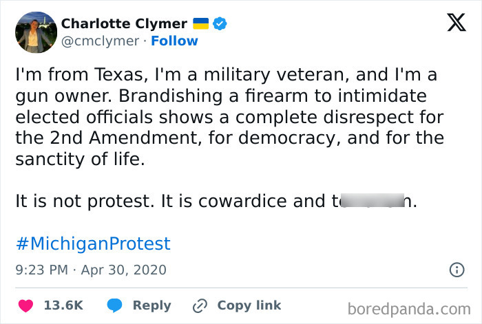Tweet from Charlotte Clymer criticizing gun brandishing at Michigan protest, highlighting anarchists mocking statists' questionable takes.