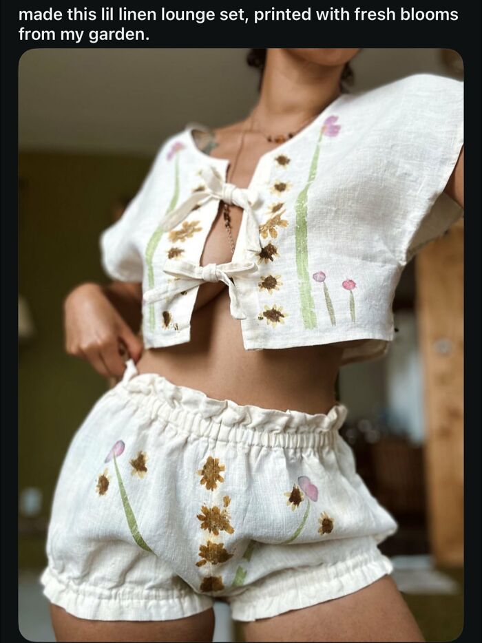 Linen lounge set with hand-painted floral designs, an example of horrendous DIY projects featured in craft shaming.