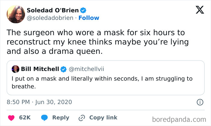 Tweet about a surgeon wearing a mask for six hours and a patient joking about mask struggles in relatable medical memes.