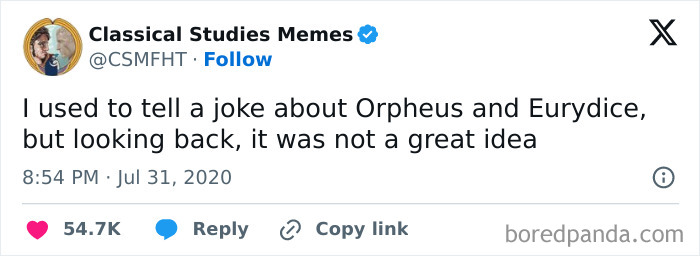 Tweet from Classical Studies Memes referencing mythology characters Orpheus and Eurydice, showcasing chaotic mythology memes humor.