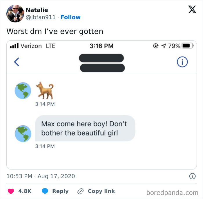 Screenshot of a cringy men hitting on women direct message with a dog emoji and awkward compliment.