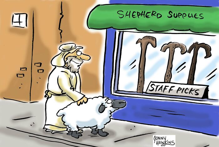 A playful one-panel comic by Jonathan Ray Hawkins showing a shepherd and sheep outside a staff picks display.