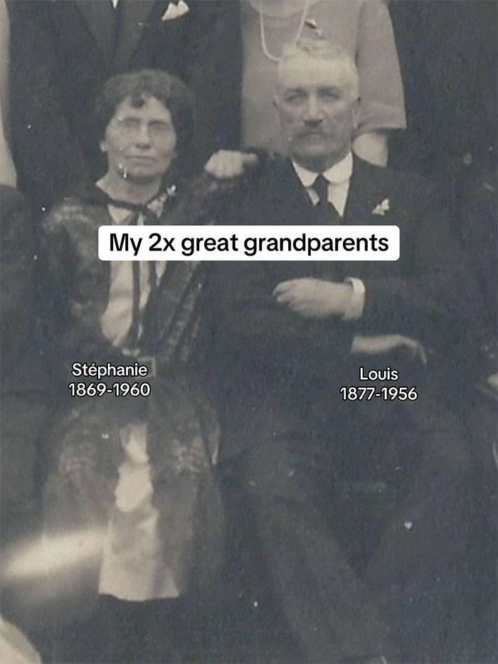 Black and white photo of family historian&rsquo;s 2x great grandparents St&eacute;phanie and Louis, inspiring family tree sharing online.