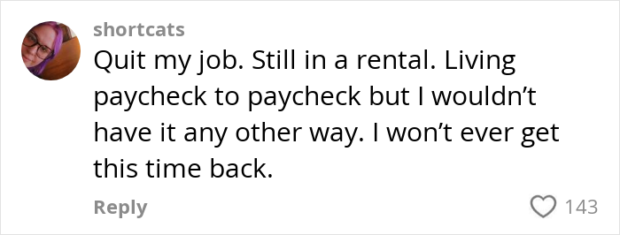 Comment from a mom expressing the emotional struggle of missing daughter grow up while working and living paycheck to paycheck.