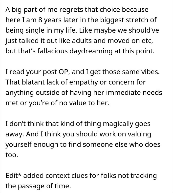 Text post discussing regret and lack of empathy after breakup, relating to woman going nuclear post dinner incident.