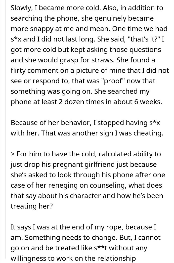 Text excerpt describing a man&rsquo;s struggles with his pregnant girlfriend&rsquo;s insecurities and relationship ultimatum.