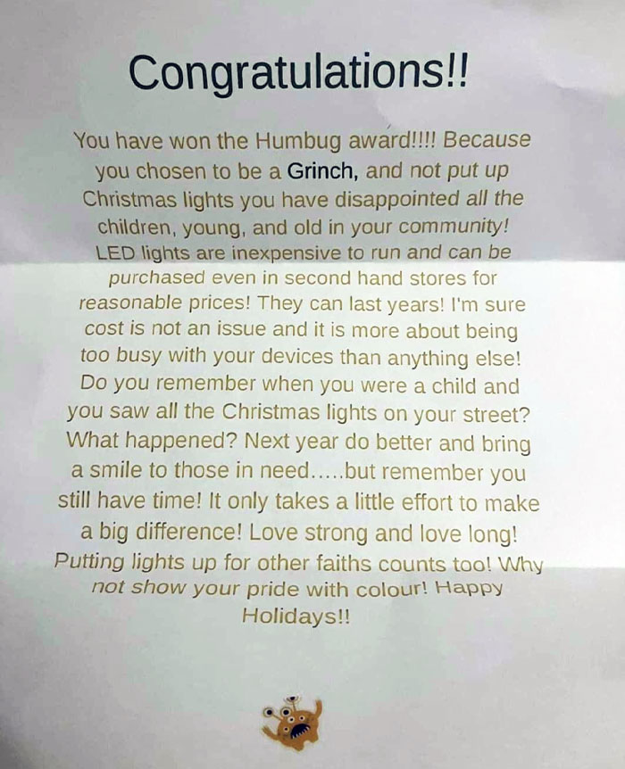 Note from unhinged neighbor calling someone a Grinch for not putting up Christmas lights, highlighting difficult neighbor interactions.
