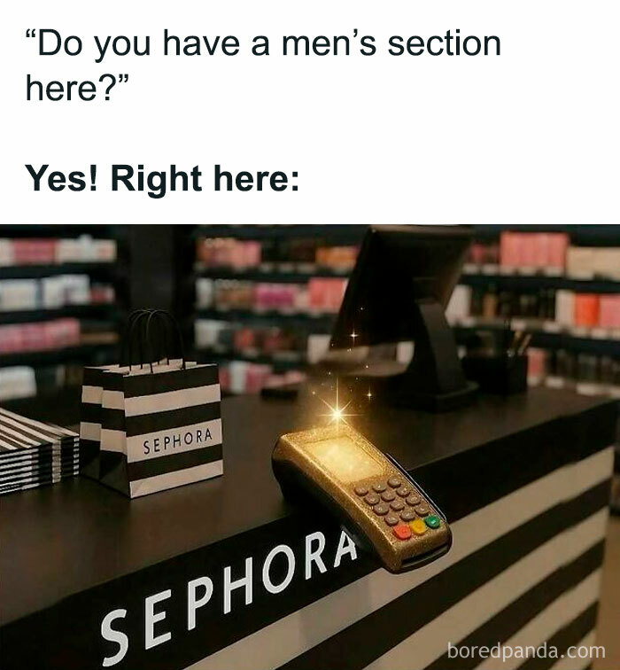 Payment terminal glowing on Sephora counter with shopping bags, a humorous meme related to introvert-worthy memes.