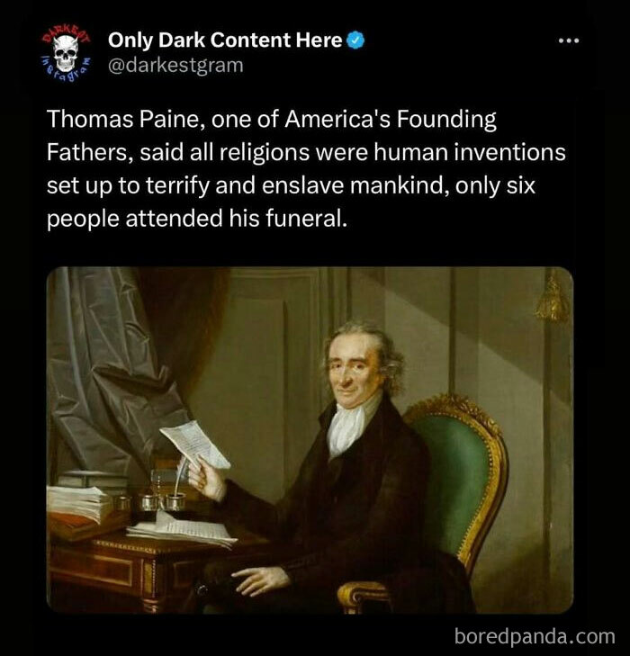 Screenshot of a Darkest Page On Instagram post sharing a creepy historical fact about Thomas Paine and his funeral attendance.