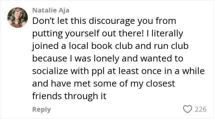 Comment from Natalie about joining a local book club to overcome loneliness and make new friends through socializing.