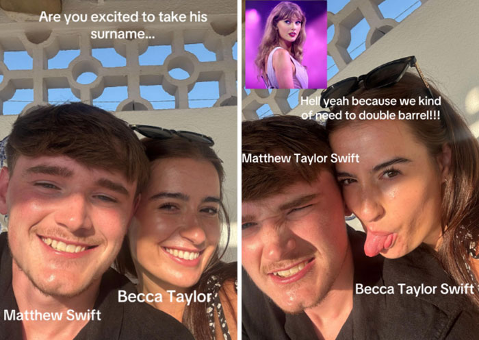 Couple taking selfies outdoors, joking about the married surname trend with playful text overlays.