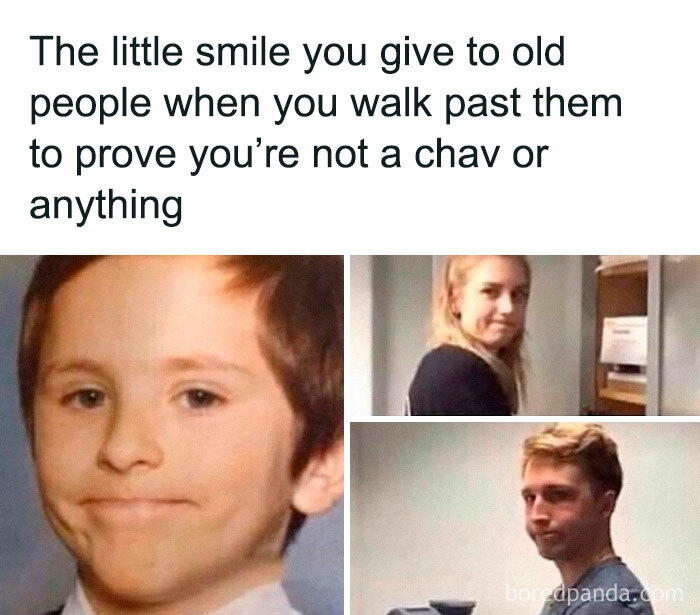 British meme showing awkward smiles to avoid being mistaken for a chav, illustrating chaotic British humor and culture.