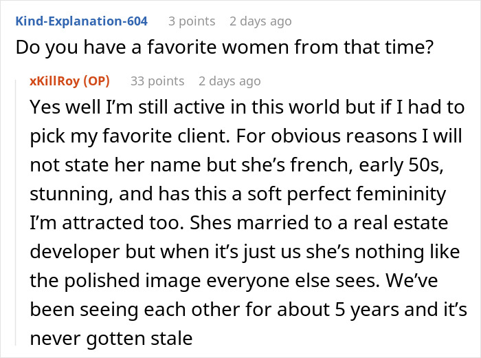 Reddit conversation text featuring a paid companion discussing experiences with wealthy married women.