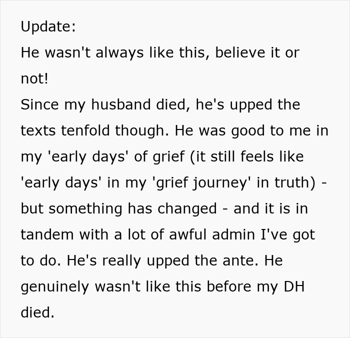 Text message update about friendship changes and increased texting frequency after husband's death in grief journey.