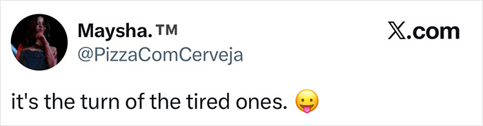 Tweet from user Maysha TM with the phrase "it's the turn of the tired ones" and a playful emoji, referencing the tired girl beauty trend.