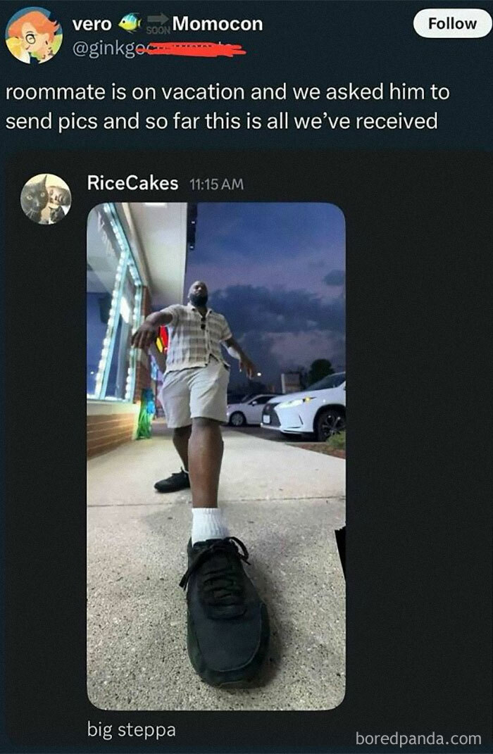 Man on sidewalk wearing oversized shoes with funny perspective, one of 80 random memes bringing chaos and laughter.