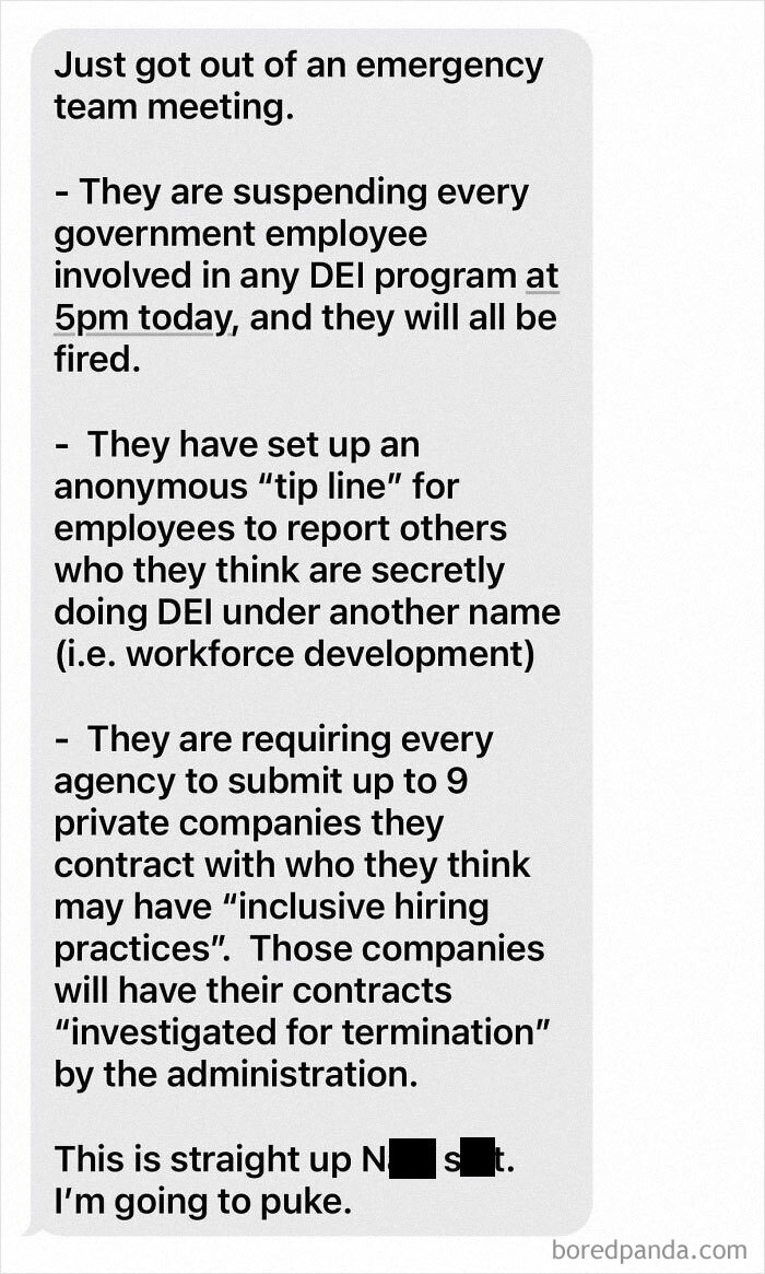 Text message screenshot describing government suspending DEI programs and investigating inclusive hiring in a boring dystopia.