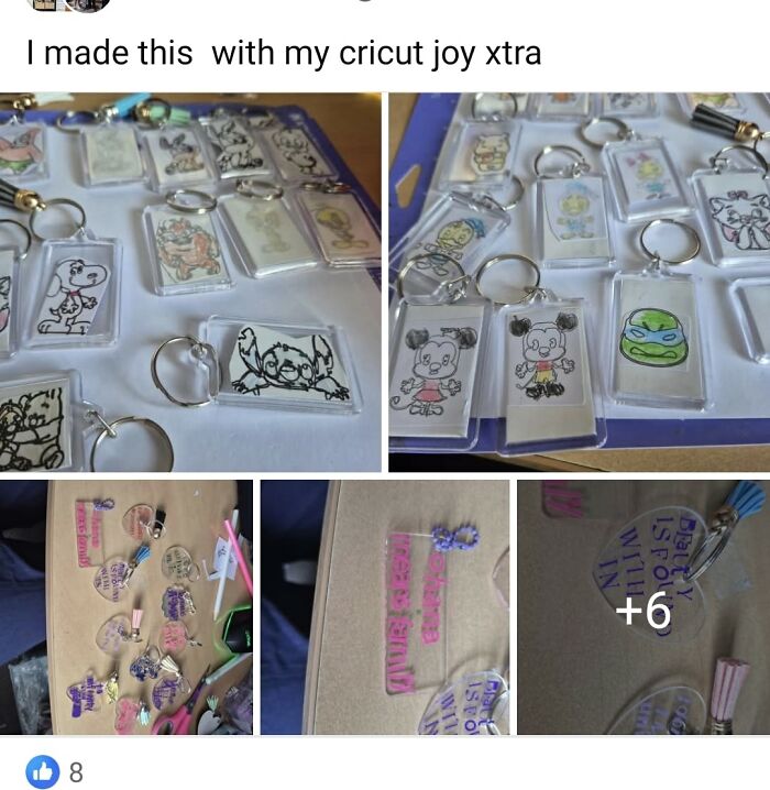 DIY keychains made with Cricut Joy Xtra featuring hand-drawn cartoon designs in clear plastic holders.