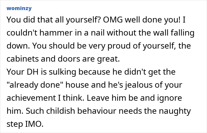 Woman proudly showcases DIY kitchen makeover while husband critiques without helping, causing tension and mixed reactions.