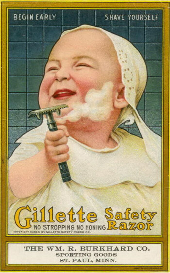 Vintage advertisement showing a baby holding a Gillette safety razor, highlighting fascinating vintage advertisements.