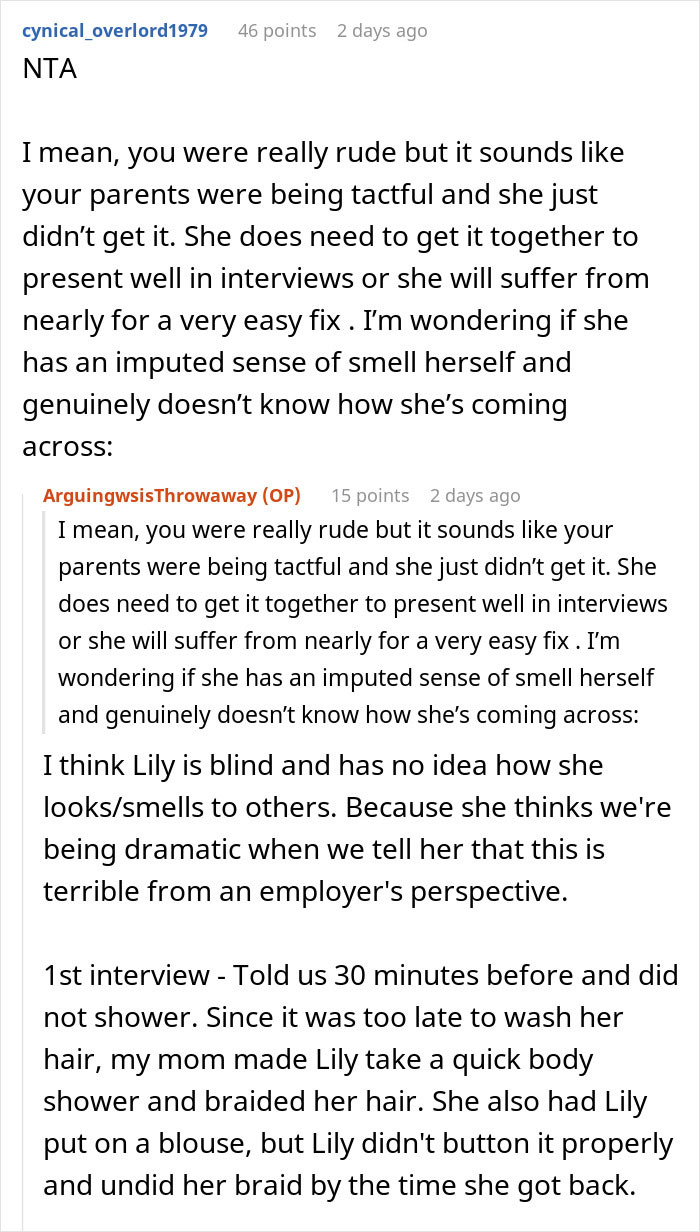 Reddit comment discussing a woman blaming sexism for job rejection, with a sister offering a blunt reality check.