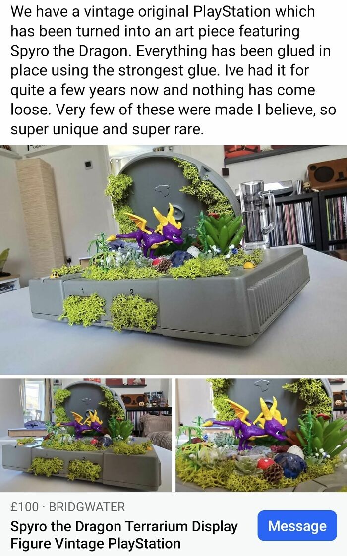 Vintage PlayStation DIY project turned into a craft shaming terrarium display featuring Spyro the Dragon figure and moss.