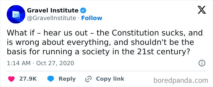 Tweet from Gravel Institute mocking statist views on the Constitution, related to anarchists mocking statists' questionable takes.