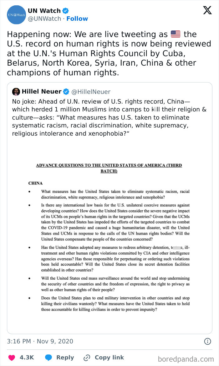 Screenshot of a Twitter post discussing U.S. human rights record during a UN review by multiple countries.