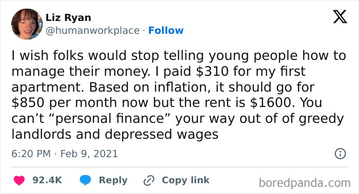 Tweet discussing rising rent prices and the lack of affordable housing amid inflation and economic challenges in the US.