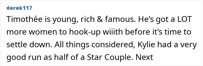 Comment section text discussing Timoth&eacute;e Chalamet&rsquo;s fame and Kylie Jenner&rsquo;s past relationship as a star couple.