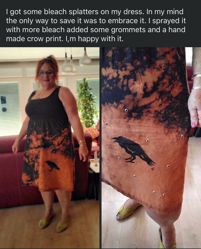 Woman wearing a DIY dress with bleach splatters, grommets, and a handmade crow print in a craft shaming project.