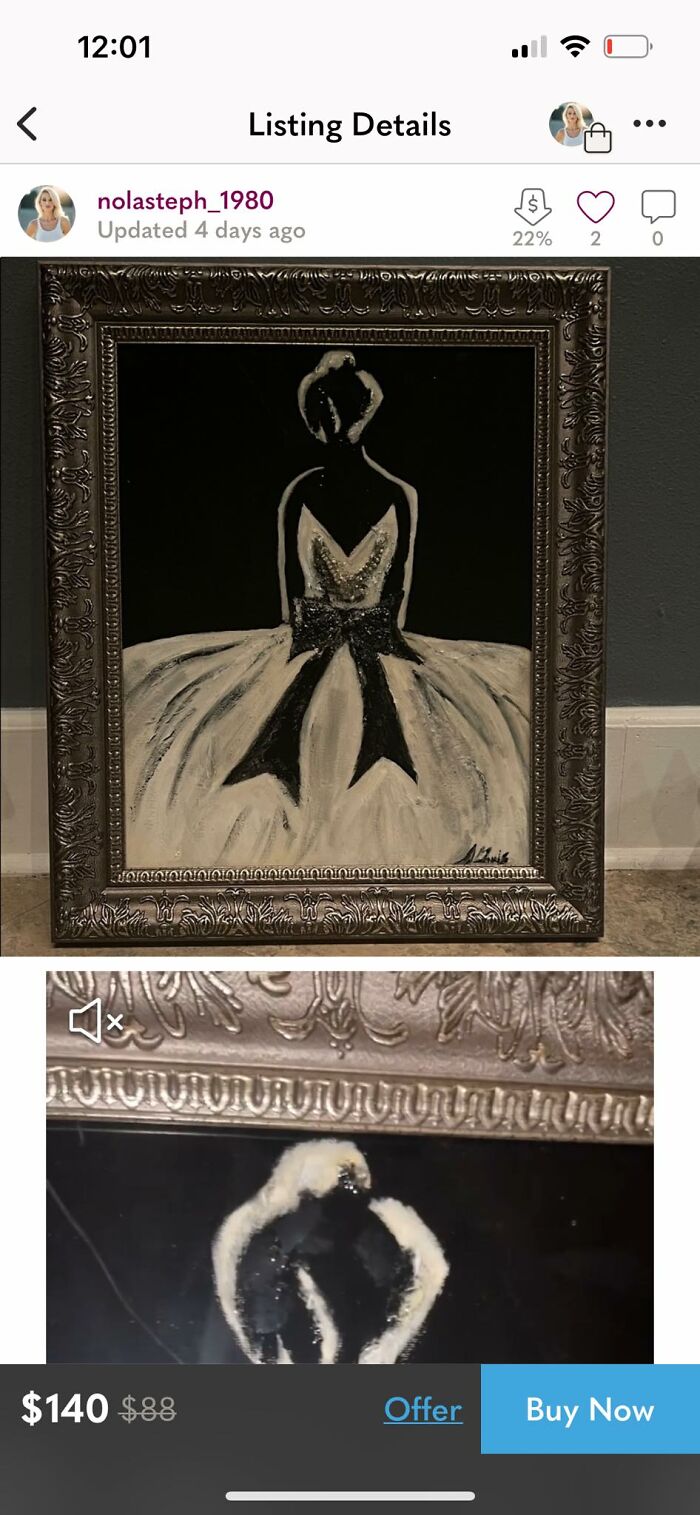 Framed DIY craft painting of a ballerina in black and white with a large bow, featured in craft shaming projects.