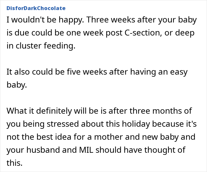 Comment discussing postpartum challenges and a husband choosing to accompany the 2-year-old child on a trip instead.