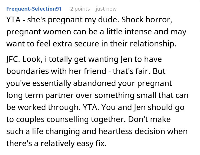 Comment discussing a man giving a pregnant girlfriend an ultimatum due to her insecurities affecting their relationship.