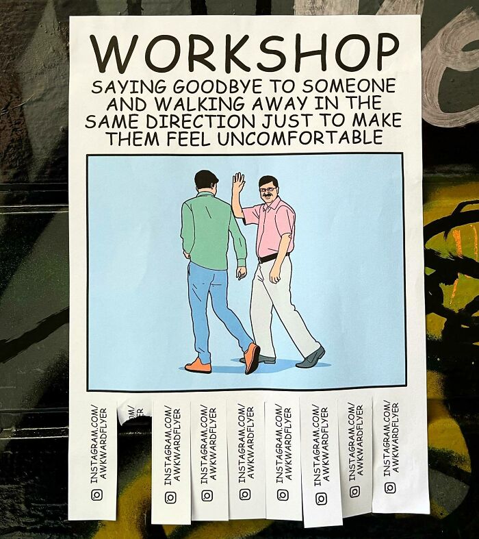 Street art photo showing a humorous workshop poster with people and tear-off Instagram handles on a wall.