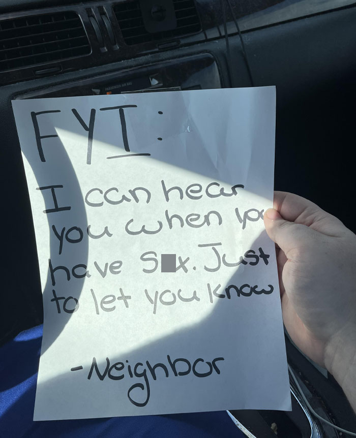 Handwritten neighbor’s note about overhearing intimate sounds, showcasing unhinged neighbors’ notes making living among people hard yet amusing.