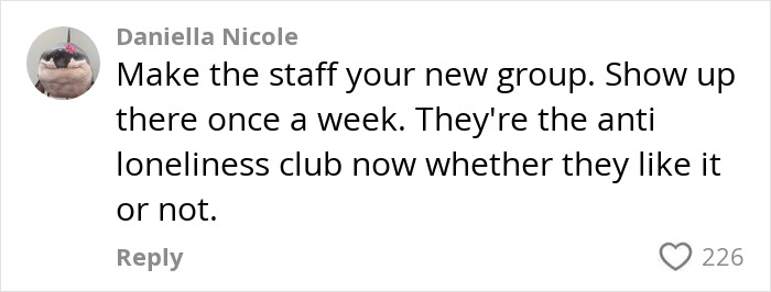 Screenshot of a social media comment about joining an anti-loneliness club to make new friends and weekly support.