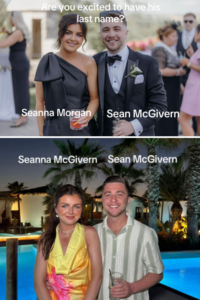 Couple shows the married surname trend by comparing before and after name changes in wedding and vacation photos.