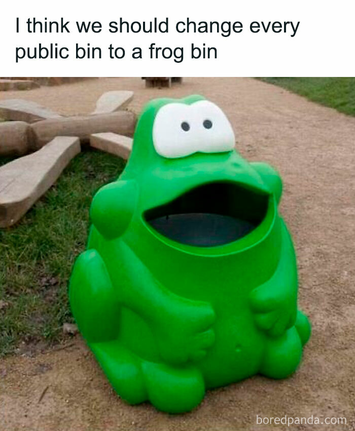 Green frog-shaped public bin in a park, featured in chaotic British memes that only people from the U.K. might understand.