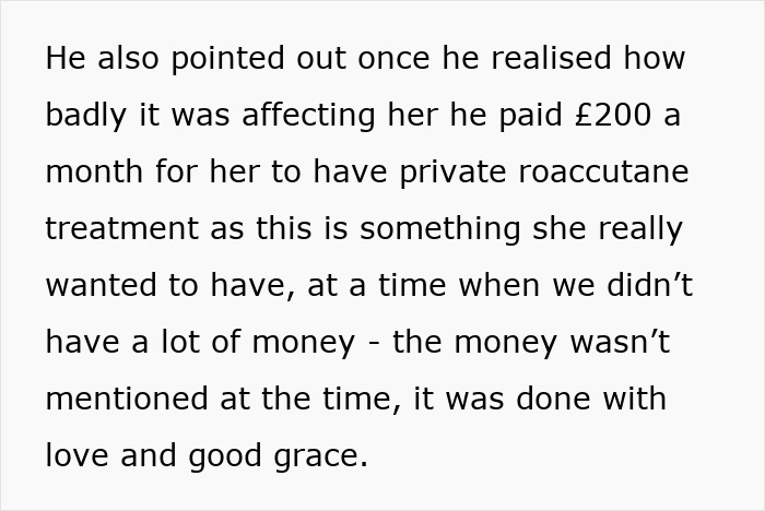 Text excerpt about stepdad paying for private roaccutane treatment showing love despite financial struggles and emotional challenges.