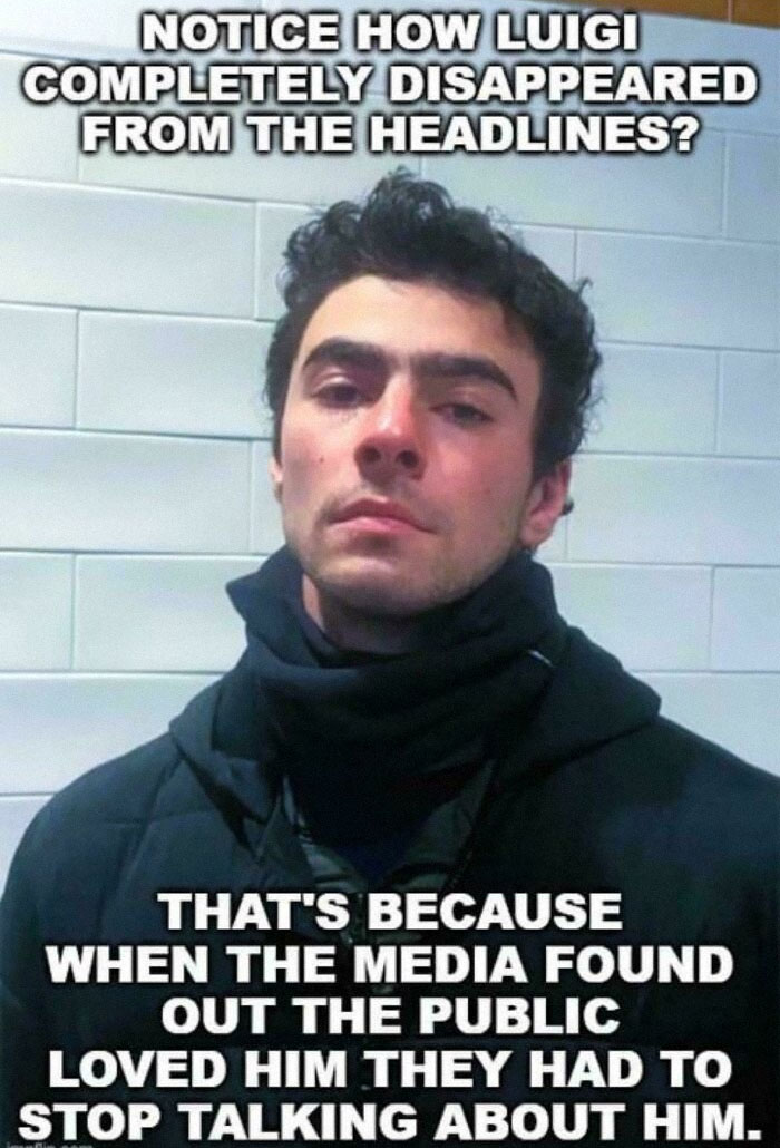 Man with serious expression against tiled wall, meme text about media and public perception reflecting modern life boring dystopia.