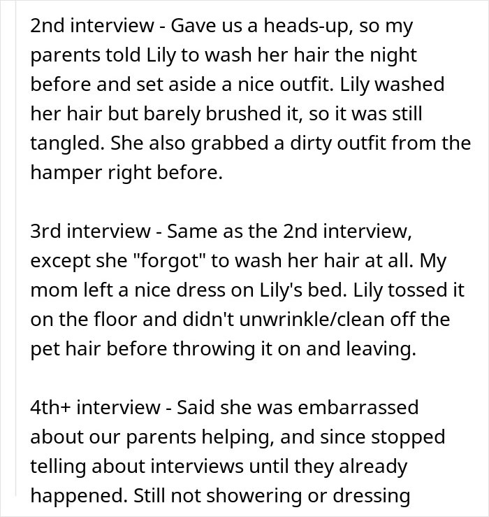 Text excerpt describing a woman&rsquo;s repeated job interviews with poor hygiene and attire, highlighting sexism and reality check.