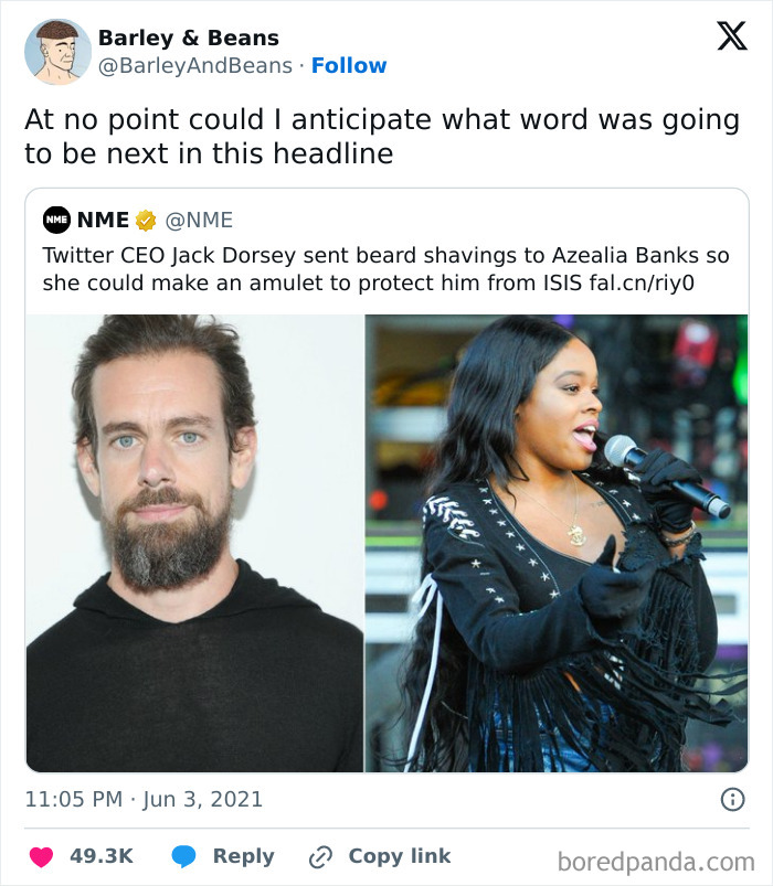Tweet showing unusual sentences with photos of Twitter CEO Jack Dorsey and singer Azealia Banks in a humorous context.