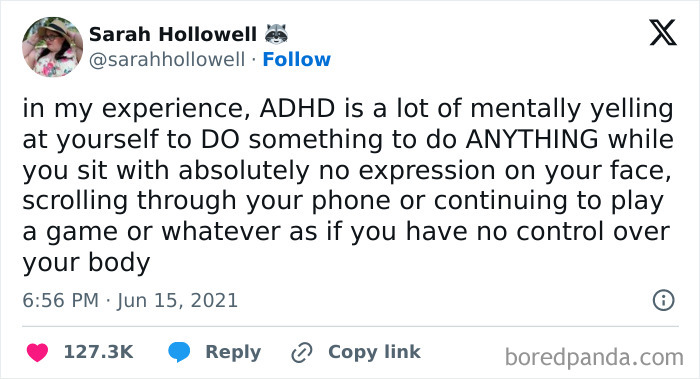 Tweet describing ADHD as mental yelling to do something while showing no expression, scrolling phone, related to neurodivergence memes.