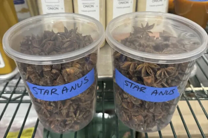 Two clear containers filled with spices labeled with a humorous typo illustrating common spelling mistakes and typos.