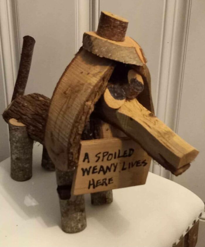Wooden dog craft with a sign saying a spoiled weany lives here in a humorous horrendous DIY project for craft shaming.